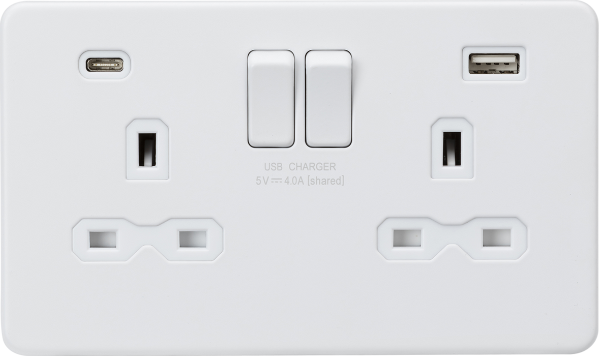 13A 2G SP Switched Socket with Dual USB A+C (5V DC 4.0A shared) - Matt White with White Insert