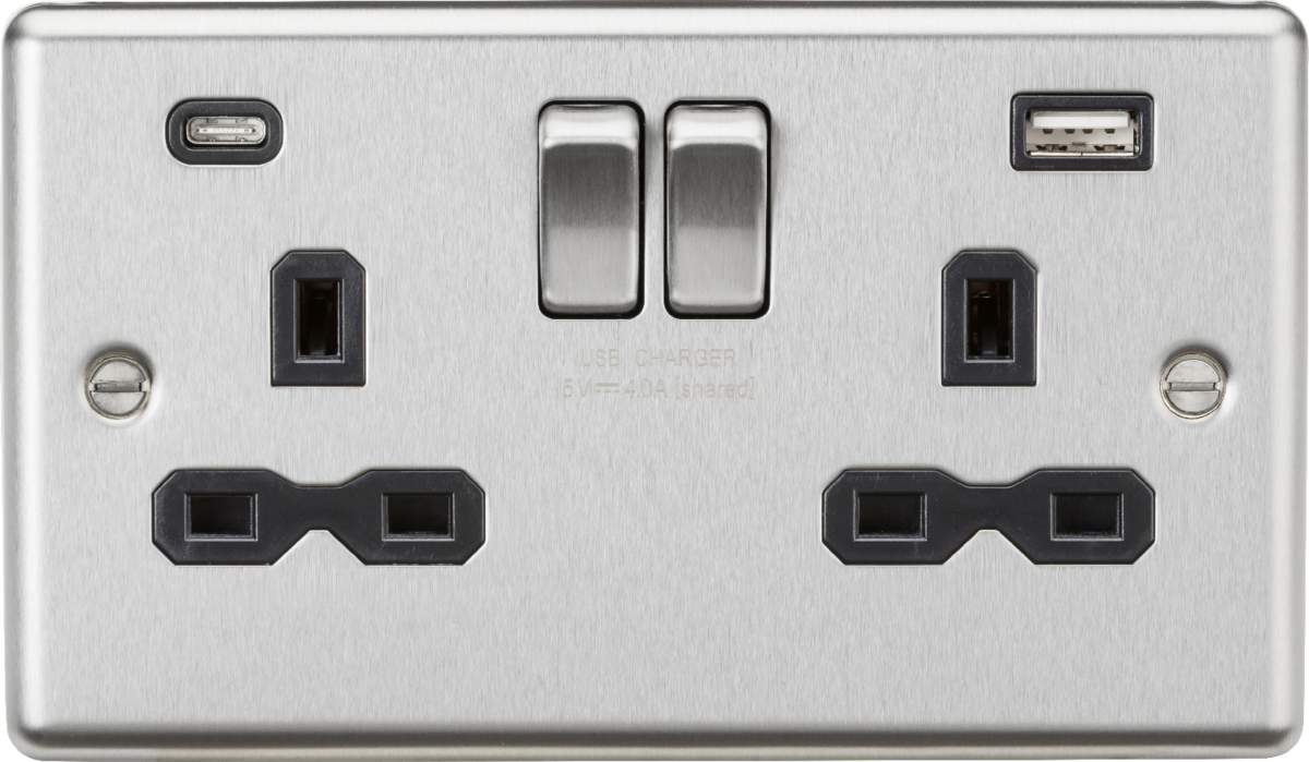 13A 2G SP Switched Socket with dual USB C+A 5V DC 4.0A [shared] - Brushed Chrome with black insert