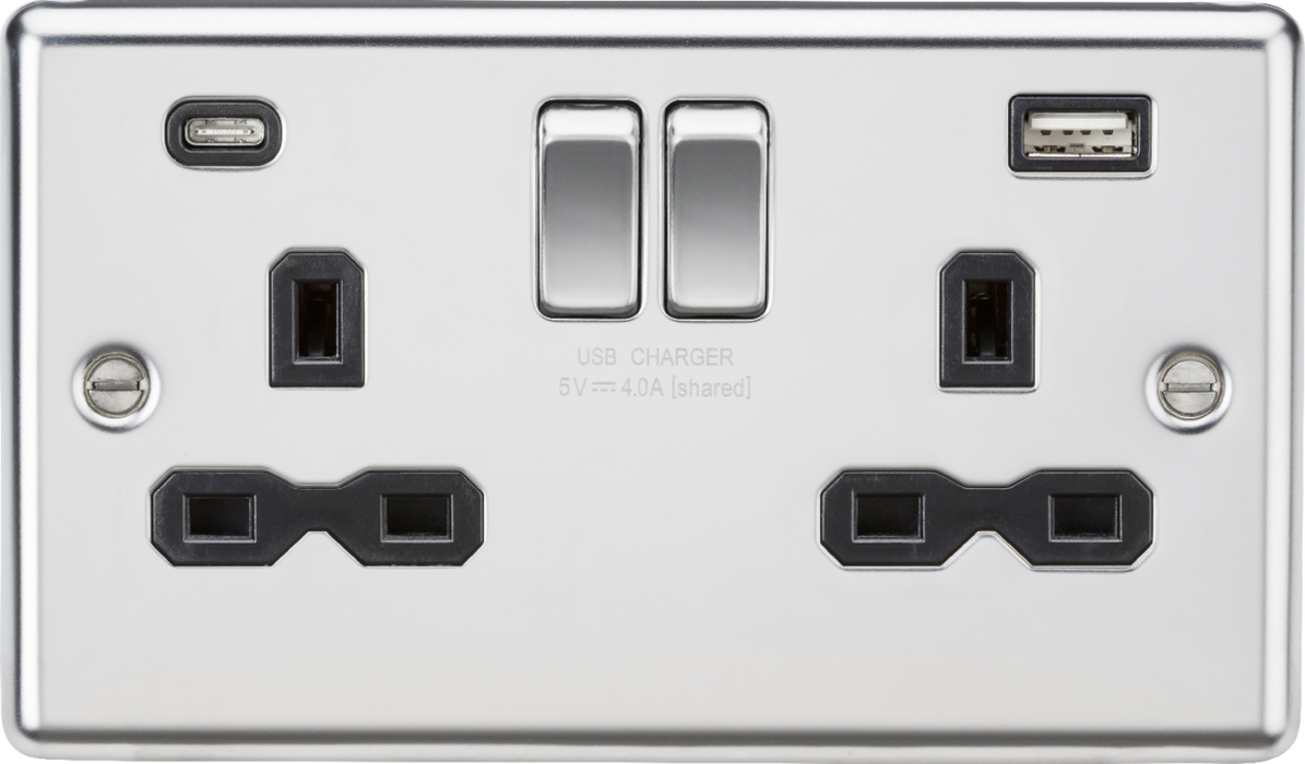 13A 2G SP Switched Socket with dual USB C+A 5V DC 4.0A [shared] - Polished Chrome with black insert