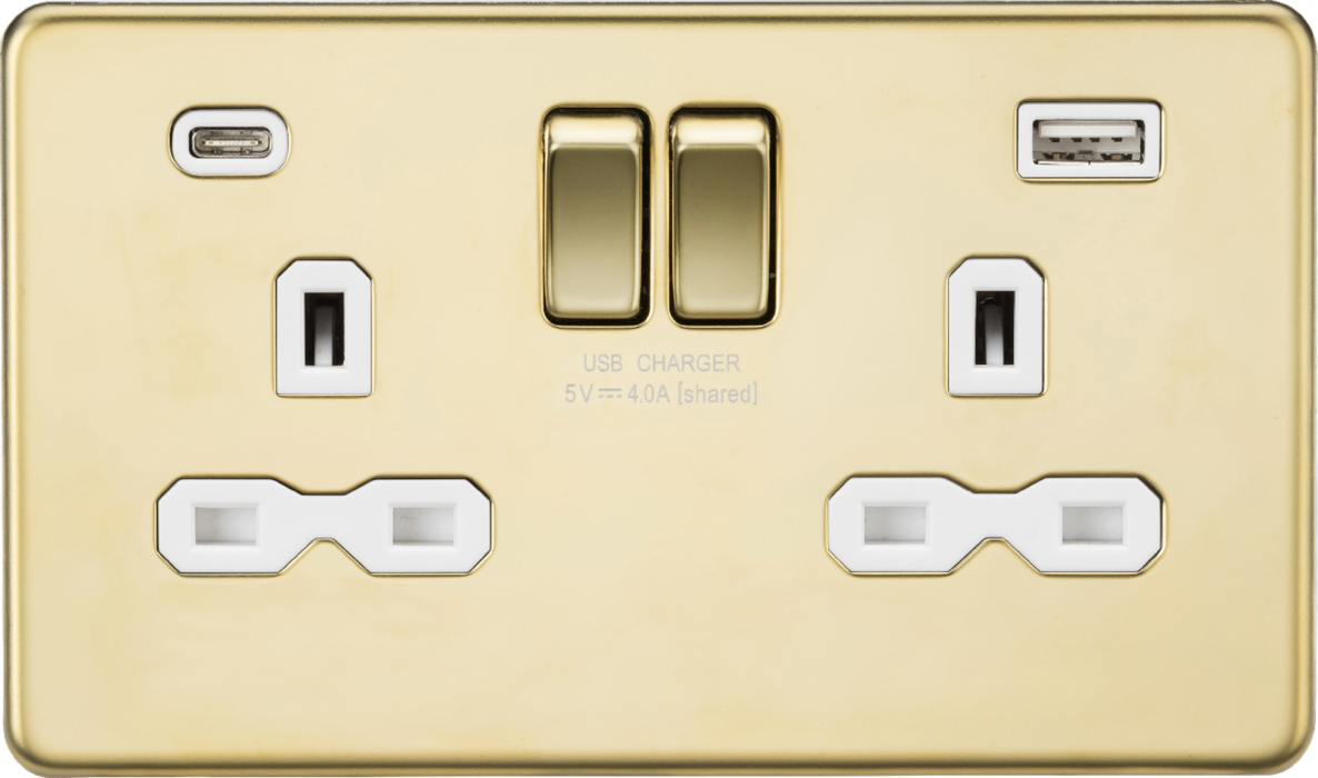 13A 2G SP Switched Socket with Dual USB A+C (5V DC 4.0A shared) - Polished Brass with White Insert