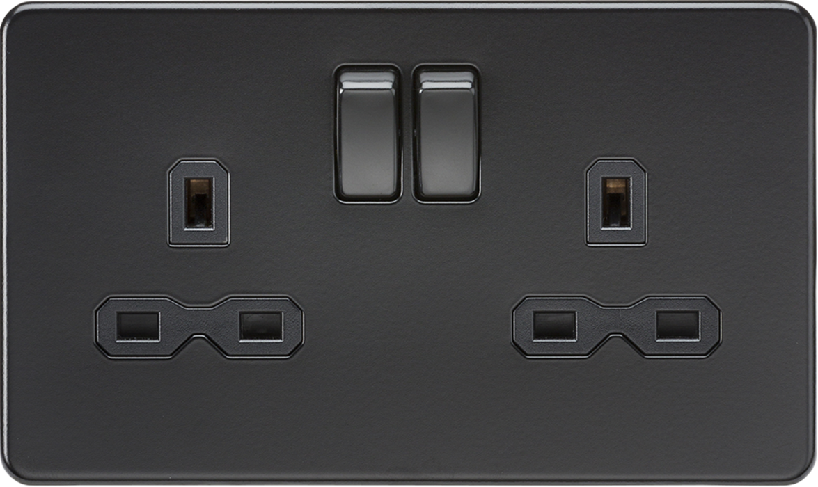 13A 2G DP Switched Socket with Twin Earths - Matt Black with Black insert