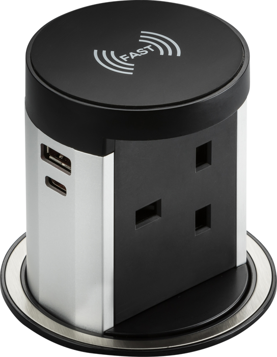 13A Pop up Socket with 10W Wireless Charger and Dual USB A+C (12V DC 1.5A) Max. 30W
