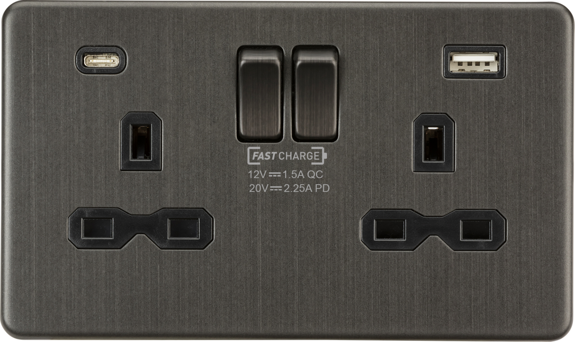 13A 2G DP Switched Socket with Dual USB A+C 20V DC 2.25A (Max. 45W) - Smoked Bronze w/Black Insert