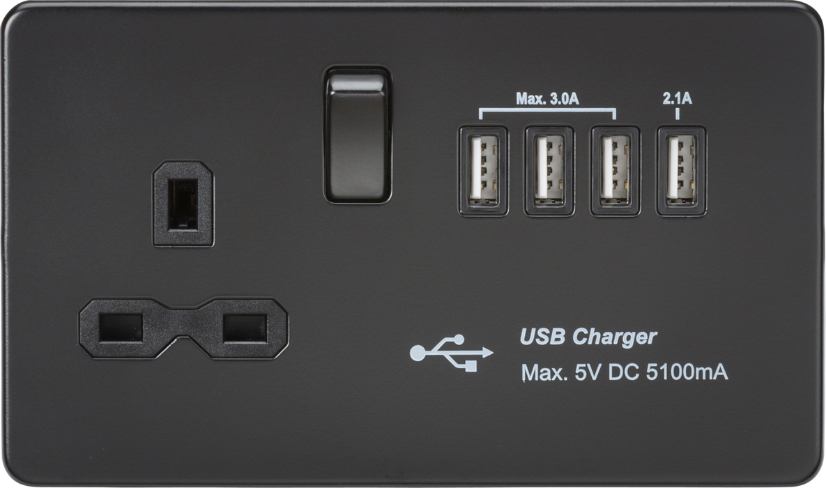 13A Switched Socket with Quad USB-A (5V DC 5.1A shared) - Matt Black with Black Insert