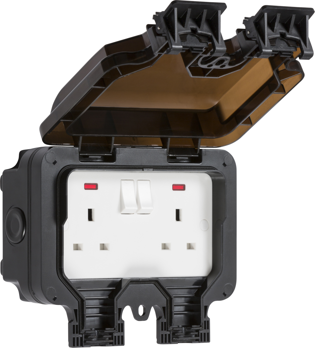 IP66 13A 2G DP switched socket with neons - Black — Derby Firelec Ltd