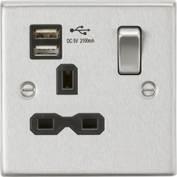 13A 1G SP Switched Socket with Dual USB A+A (5V DC 2.1A shared) - Brushed Chrome with Black Insert