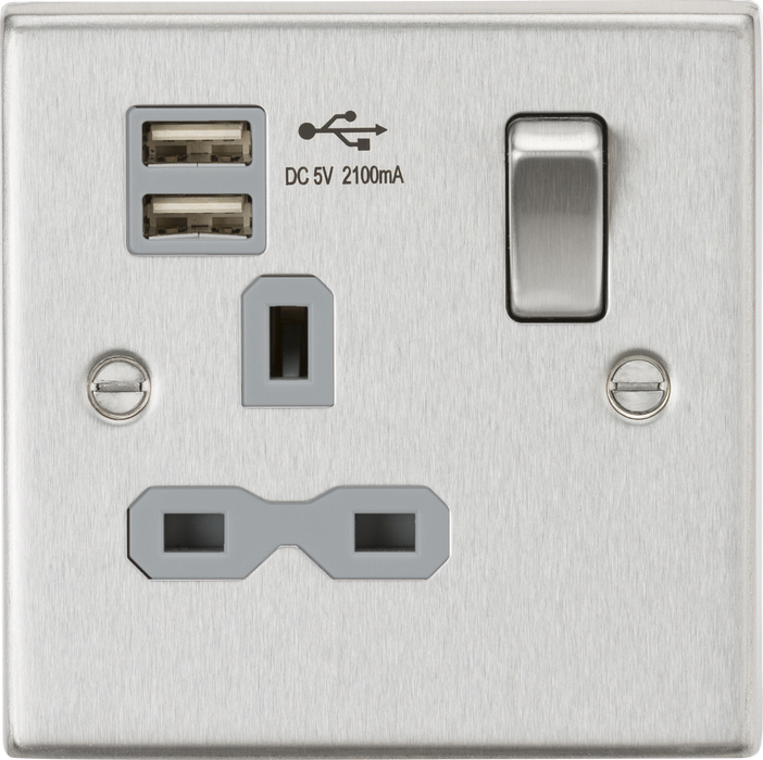 13A 1G SP Switched Socket with Dual USB A+A (5V DC 2.1A shared) - Brushed Chrome with Grey Insert