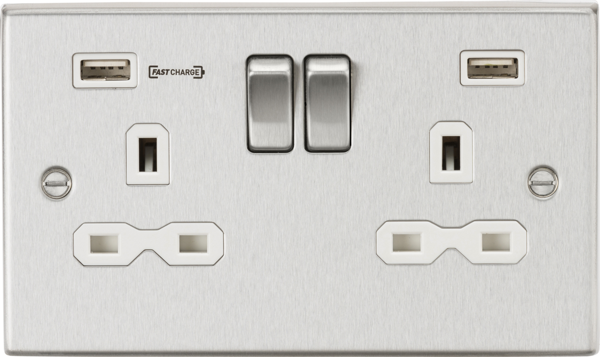 13A DP Switched Socket With Dual USB A+A [1 port 18W FASTCHARGE] - Brushed Chrome with White Insert