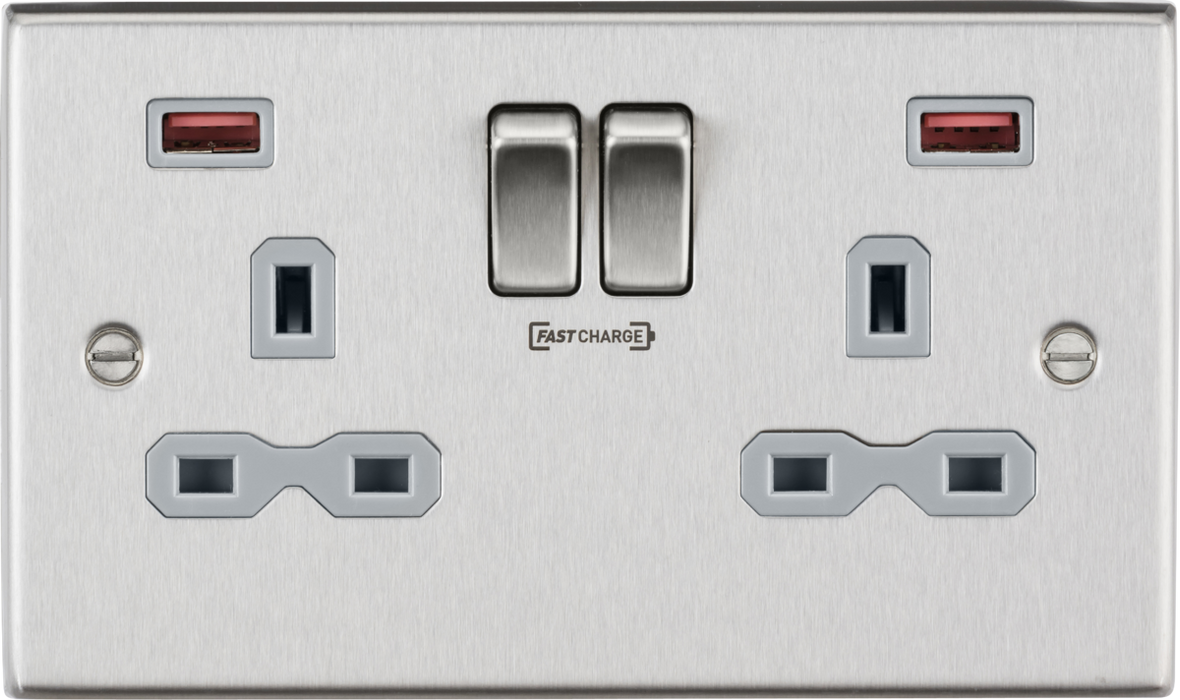 13A 2G DP Switched Socket with Dual USB A+A (18W FASTCHARGE) - Brushed Chrome with Grey Insert