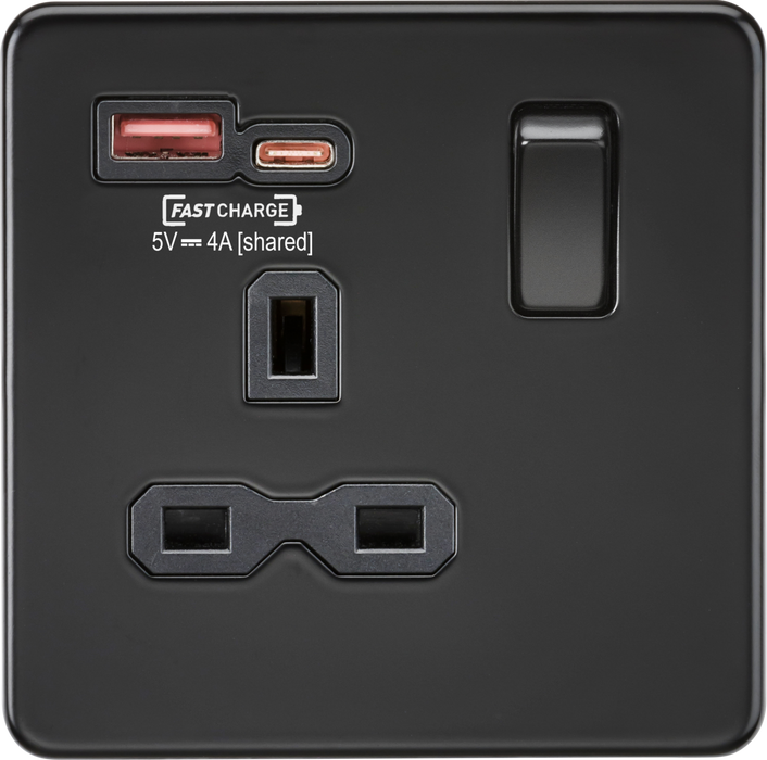 13A 1G SP Switched Socket with Dual USB A+C 12V DC 1.5A [Max. 18W] - Matt Black with Black Insert