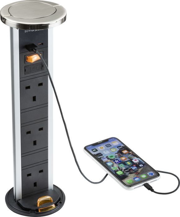 IP54 3G pop-up socket with dual USB charger A+C (FASTCHARGE) - Brushed chrome Cap