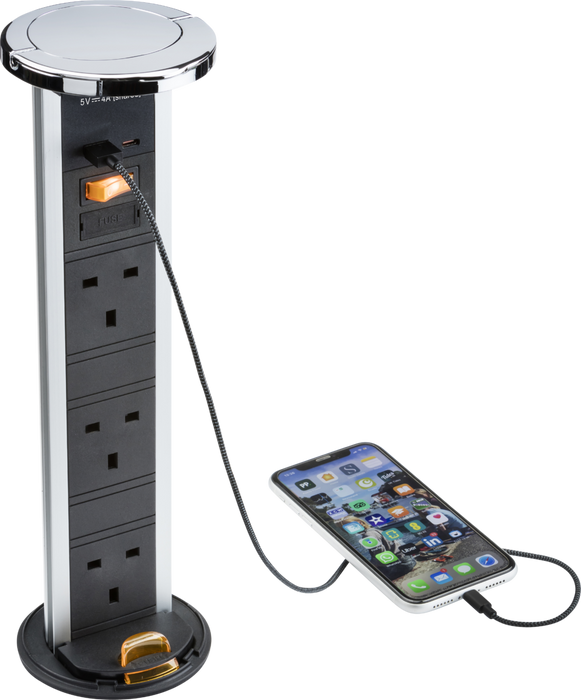 IP54 3G pop-up socket with dual USB charger A+C (FASTCHARGE) - Polished chrome Cap