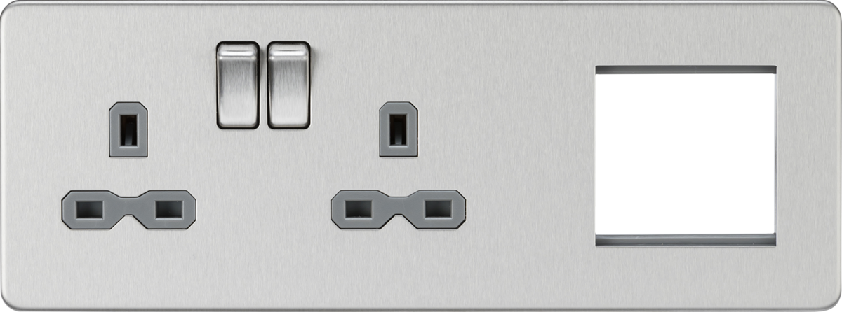 13A 2G DP Socket + 2G Modular Combination Plate - Brushed Chrome with Grey Insert