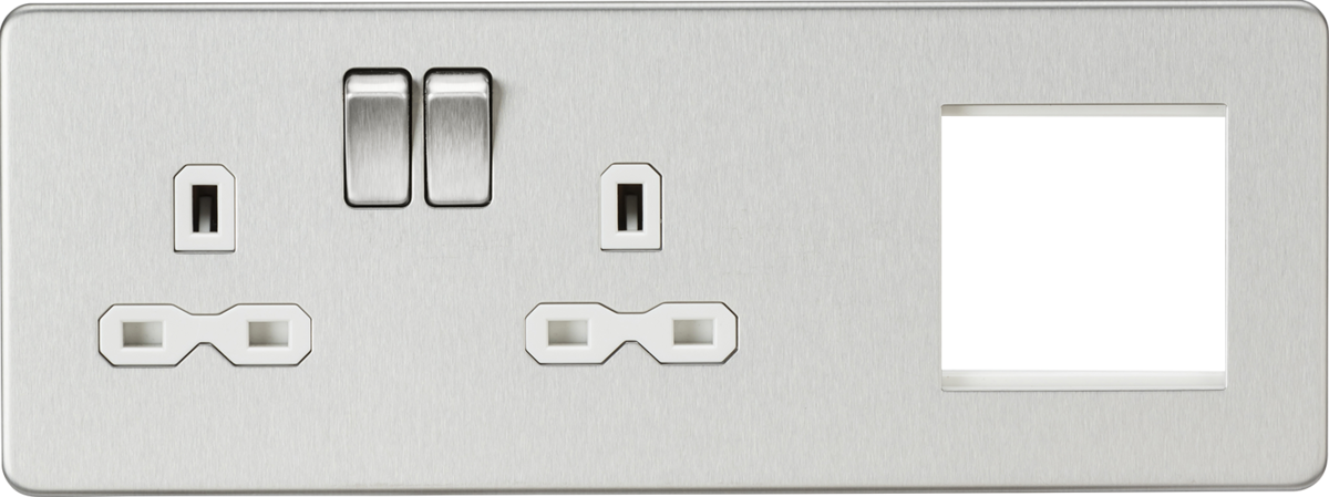 13A 2G DP Socket + 2G Modular Combination Plate - Brushed Chrome with White Insert