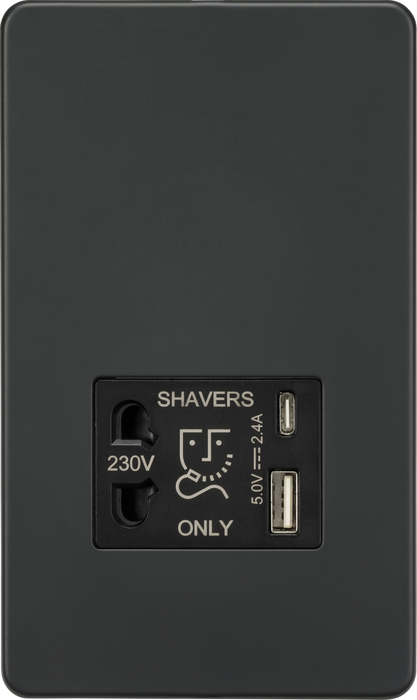 230V Shaver Socket with Dual USB A+C [5V DC 2.4A shared] - Anthracite