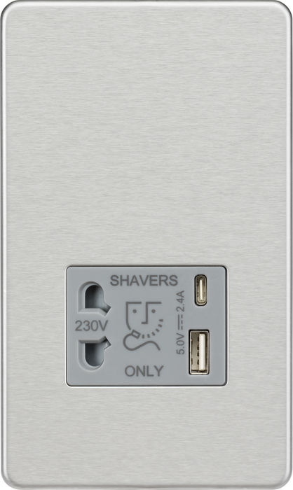 230V Shaver Socket with Dual USB A+C [5V DC 2.4A shared] - Brushed Chrome with Grey Insert