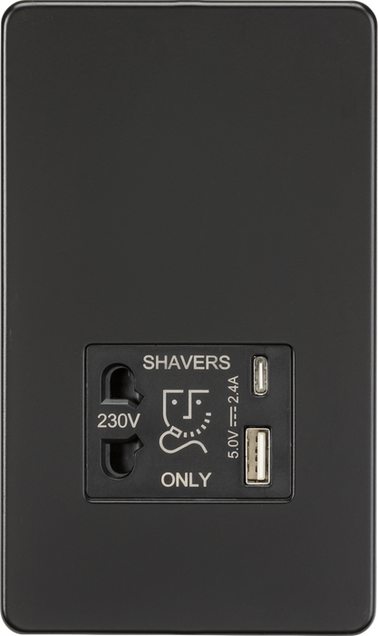 230V Shaver Socket with Dual USB A+C [5V DC 2.4A shared] - Matt Black with Black Insert