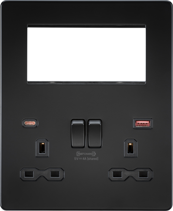 Small Multimedia Combo Plate + Dual USB A+C 12V DC 1.5A (Max. 18W) - Matt Black w/Black Insert