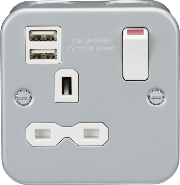 Metal Clad 13A 1G Switched Socket with Dual USB Charger (2.4A)